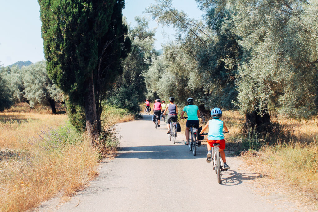 Group of cyclists riding through olive groves, cycling holiday Greek islands